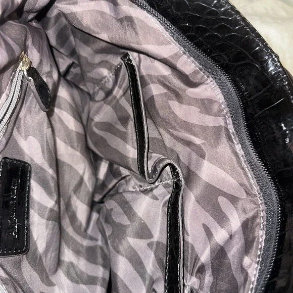 Anne Klein Black Croc-embossed Large Shoulder Bag Handbag Purse Gold‎ Hardware - Picture 8 of 12